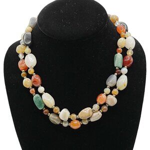 Genuine Natural Polished Agate Jadeite Quartz Bead Statement Necklace 36"